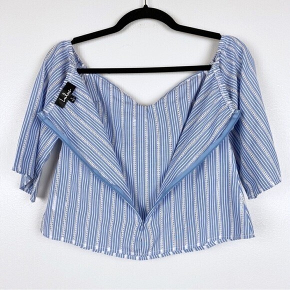 Lulu's Beyond Belief Blue Striped Knot Front Off-The-Shoulder Top Size S - Picture 7 of 10